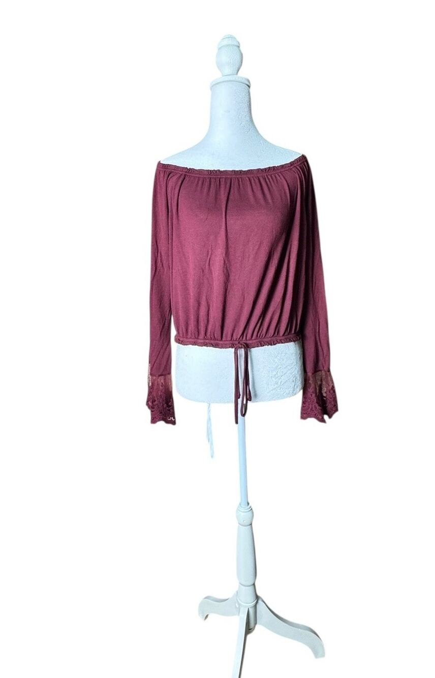 Burgundy Womens Large Off Shoulder Top Lace Bell Sleeve Y2K Fairy Boho Romance